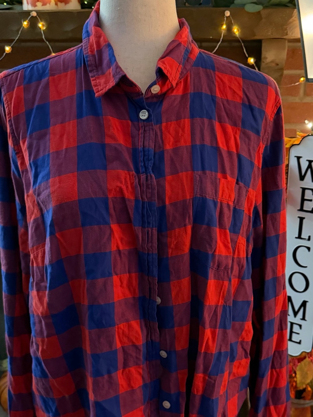 Crew Boy Fit Red Blue Plaid Button Down Shirt 100% Cotton XL